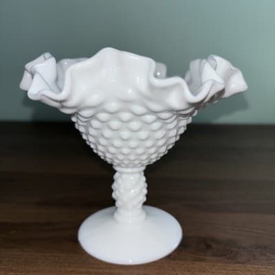Vintage FENTON Hobnail White Milk Glass Crimped Edge Footed Candy Dish Pedestal - Thumbnail 7