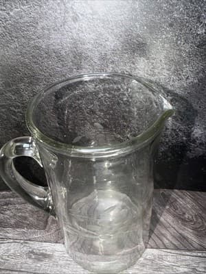 Vintage Clear Glass Pitcher With Etched Grapes & Leaves- 8.5” Tall - Thumbnail 3