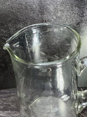 Vintage Clear Glass Pitcher With Etched Grapes & Leaves- 8.5” Tall - Thumbnail 8