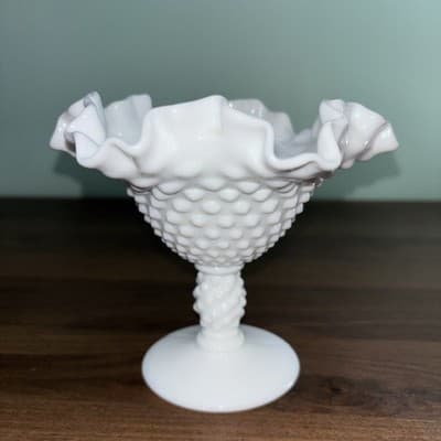 Vintage FENTON Hobnail White Milk Glass Crimped Edge Footed Candy Dish Pedestal - Thumbnail 8