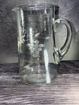 Vintage Clear Glass Pitcher With Etched Grapes & Leaves- 8.5” Tall - Thumbnail 7