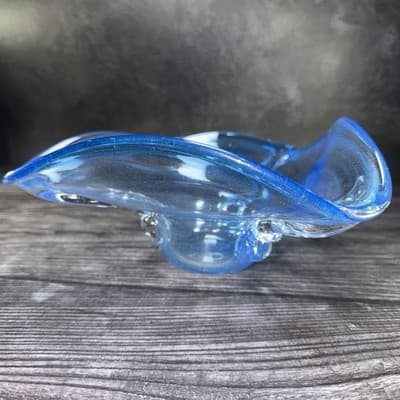 Hand blown art glass Silver Sparkle blue free form candy trinket dish