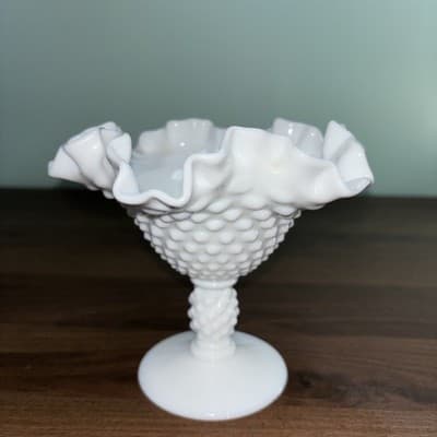 Vintage FENTON Hobnail White Milk Glass Crimped Edge Footed Candy Dish Pedestal - Thumbnail 6