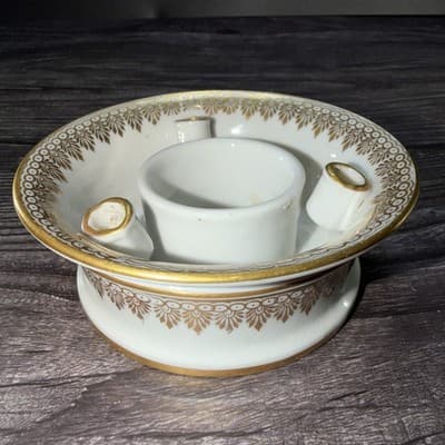 Vtg COULEUVRE PATE DE LIMOGES France GOLD GILT DESIGN Inkwell w 3 Quill Stands