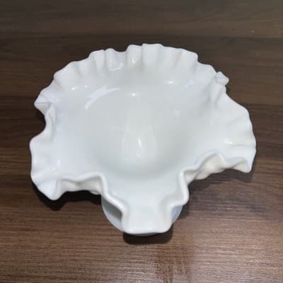 Vintage FENTON Hobnail White Milk Glass Crimped Edge Footed Candy Dish Pedestal - Thumbnail 3