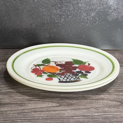 Hazel-Atlas Milk Glass Plates Reverse Painted Fruit Basket 9 Inch Set of 2 - Thumbnail 7