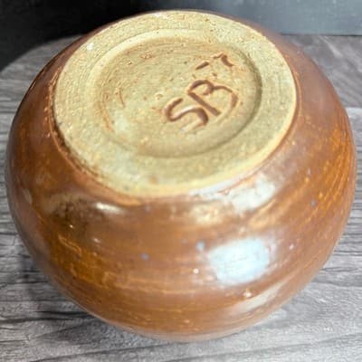 SB Signed Studio Art Pottery Vase Handmade Rustic Wabi Sabi Brown Green Drip - Thumbnail 5