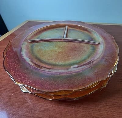 Set Of 4 Carnival Glass Federal Normandie marigold divided plates VTG - Thumbnail 2