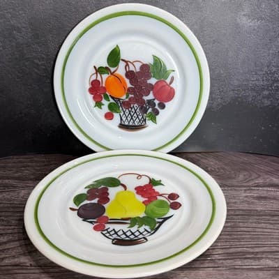 Hazel-Atlas Milk Glass Plates Reverse Painted Fruit Basket 9 Inch Set of 2 - Thumbnail 16