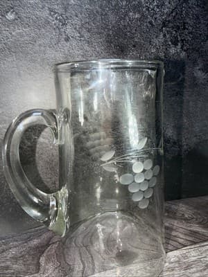 Vintage Clear Glass Pitcher With Etched Grapes & Leaves- 8.5” Tall - Thumbnail 2