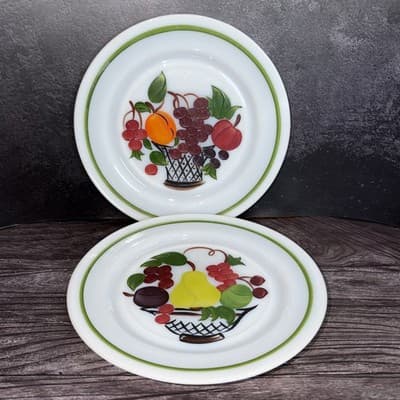 Hazel-Atlas Milk Glass Plates Reverse Painted Fruit Basket 9 Inch Set of 2