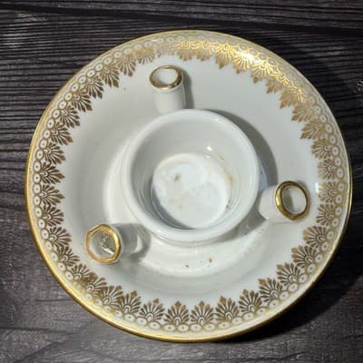 Vtg COULEUVRE PATE DE LIMOGES France GOLD GILT DESIGN Inkwell w 3 Quill Stands - Thumbnail 3