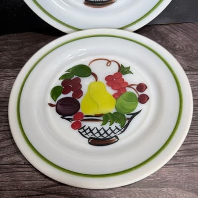Hazel-Atlas Milk Glass Plates Reverse Painted Fruit Basket 9 Inch Set of 2 - Thumbnail 15