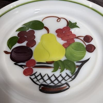 Hazel-Atlas Milk Glass Plates Reverse Painted Fruit Basket 9 Inch Set of 2 - Thumbnail 14