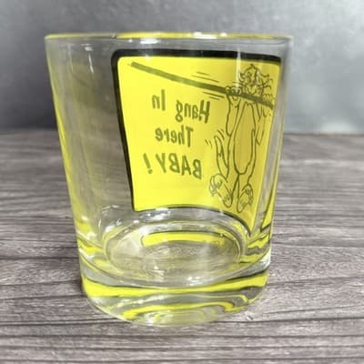 Vintage Hang In There Baby Cat Rocks Drinking Glass 1970s Retro Barware Yellow - Thumbnail 7