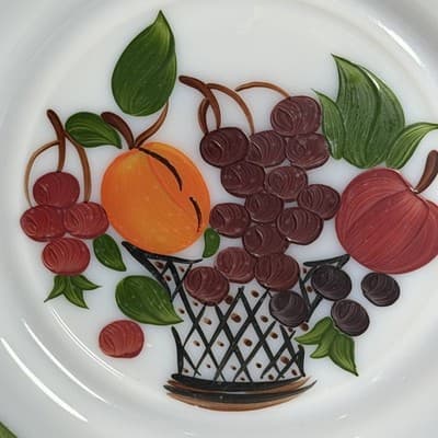 Hazel-Atlas Milk Glass Plates Reverse Painted Fruit Basket 9 Inch Set of 2 - Thumbnail 9