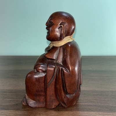 Vintage 5.75" Wooden Hand Carved Happy Buddha Smiling Statue Sculpture Figurine - Thumbnail 4