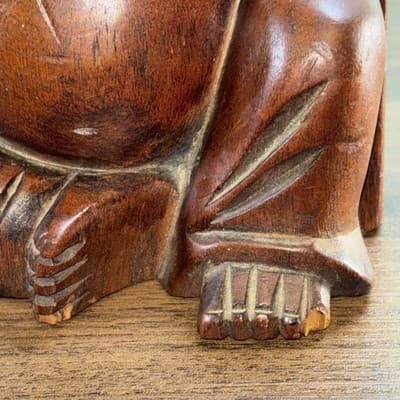 Vintage 5.75" Wooden Hand Carved Happy Buddha Smiling Statue Sculpture Figurine - Thumbnail 3