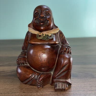Vintage 5.75" Wooden Hand Carved Happy Buddha Smiling Statue Sculpture Figurine