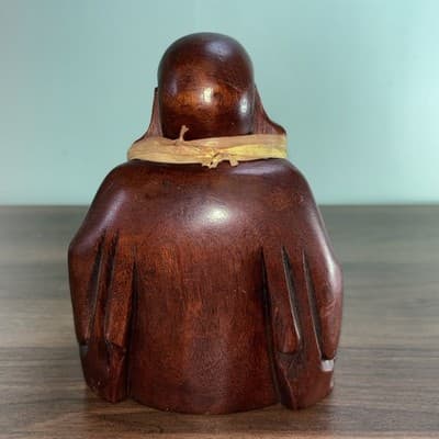 Vintage 5.75" Wooden Hand Carved Happy Buddha Smiling Statue Sculpture Figurine - Thumbnail 6