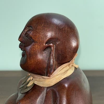 Vintage 5.75" Wooden Hand Carved Happy Buddha Smiling Statue Sculpture Figurine - Thumbnail 5