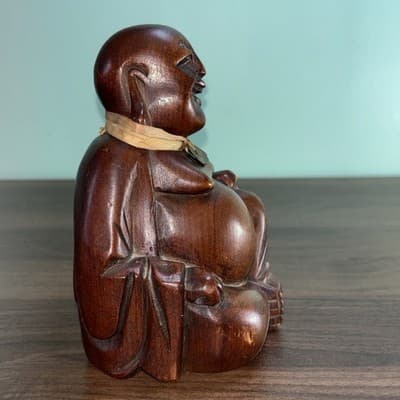 Vintage 5.75" Wooden Hand Carved Happy Buddha Smiling Statue Sculpture Figurine - Thumbnail 7