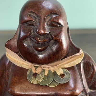 Vintage 5.75" Wooden Hand Carved Happy Buddha Smiling Statue Sculpture Figurine - Thumbnail 2