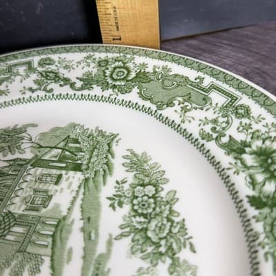 Syracuse China Dinner Plate 10 Inch Green Transferware Scenic Castle Vintage - Thumbnail 3