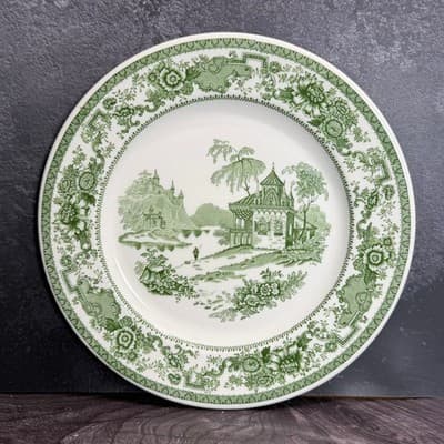 Syracuse China Dinner Plate 10 Inch Green Transferware Scenic Castle Vintage - Thumbnail 2
