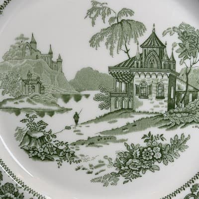 Syracuse China Dinner Plate 10 Inch Green Transferware Scenic Castle Vintage - Thumbnail 14