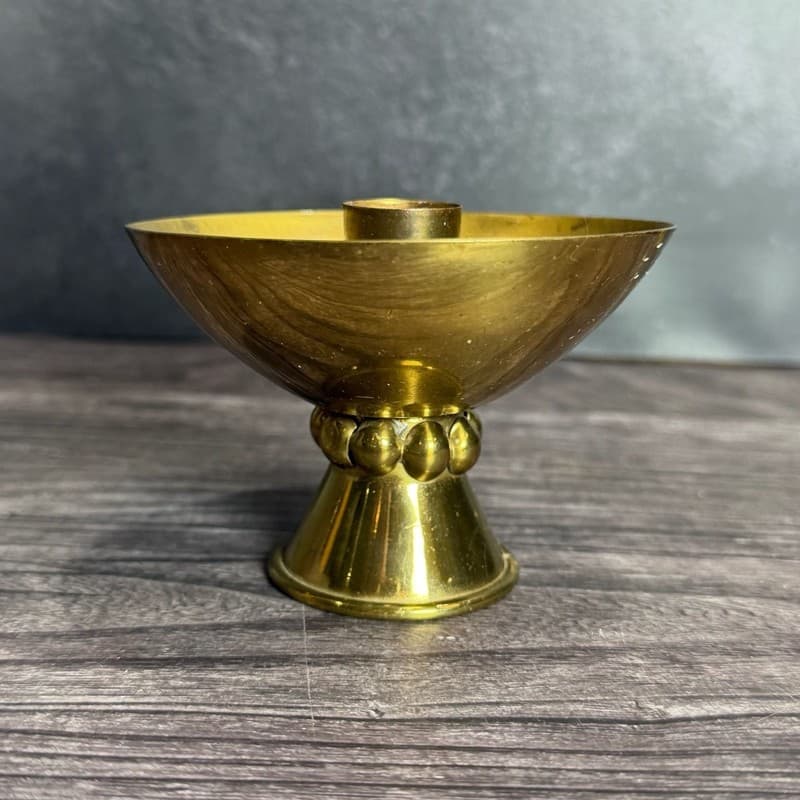 Vintage Mid-Century Modern Brass Chalice Style Taper Candle Holder with Beaded S - Thumbnail 4