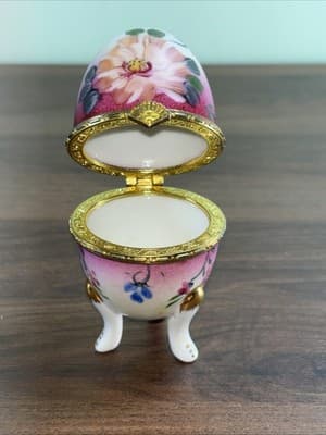 Baum Brothers China Egg Shaped Christmas Hinged TRINKET Three Leg BOX Pink - Thumbnail 9