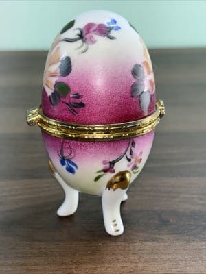 Baum Brothers China Egg Shaped Christmas Hinged TRINKET Three Leg BOX Pink - Thumbnail 6