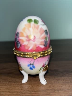 Baum Brothers China Egg Shaped Christmas Hinged TRINKET Three Leg BOX Pink