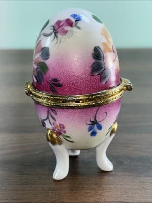 Baum Brothers China Egg Shaped Christmas Hinged TRINKET Three Leg BOX Pink - Thumbnail 4
