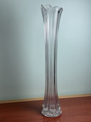 Vintage MCM Tall 13.5” Clear Ribbed Swung Stretched Glass Floor Vase Glows #3 - Thumbnail 5