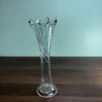 Antique Dugan Clear Glass Twisted Rib Vase Spiralex 12” Swung Drip Look - Thumbnail 5