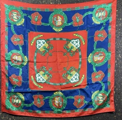 Vintage Scarf Head-wrap 30 X 30” Square 80’s Indistria Crests Red Green Yello
