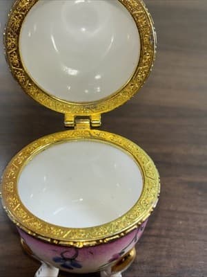 Baum Brothers China Egg Shaped Christmas Hinged TRINKET Three Leg BOX Pink - Thumbnail 8