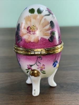 Baum Brothers China Egg Shaped Christmas Hinged TRINKET Three Leg BOX Pink - Thumbnail 5