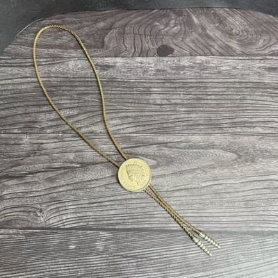 Vintage Gold Tone Indian Head Coin Bolo Tie Necklace 1877 Replica - Thumbnail 2