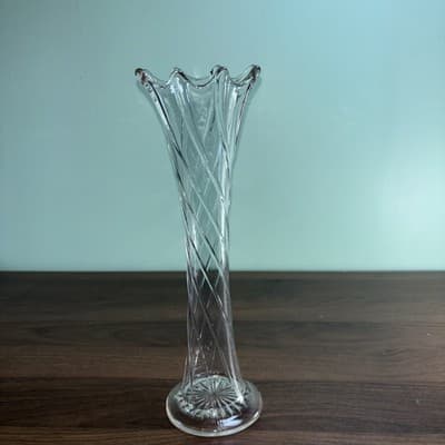 Antique Dugan Clear Glass Twisted Rib Vase Spiralex 12” Swung Drip Look - Thumbnail 4
