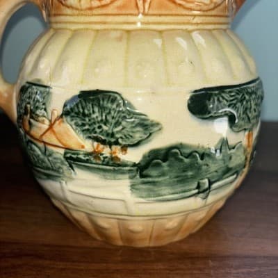 Antique Roseville Yellow ware Woodlands pitcher ca. 1900 glazed farm scene - Thumbnail 2