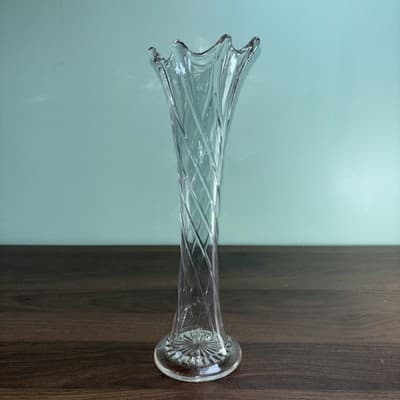 Antique Dugan Clear Glass Twisted Rib Vase Spiralex 12” Swung Drip Look - Thumbnail 3