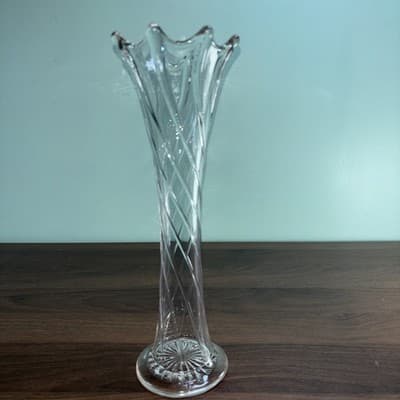 Antique Dugan Clear Glass Twisted Rib Vase Spiralex 12” Swung Drip Look - Thumbnail 2