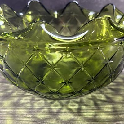 Vintage Green Glass Bowl "Quilted Duette" Produced From The 1950s To The 1970s. - Thumbnail 9
