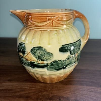 Antique Roseville Yellow ware Woodlands pitcher ca. 1900 glazed farm scene - Thumbnail 7