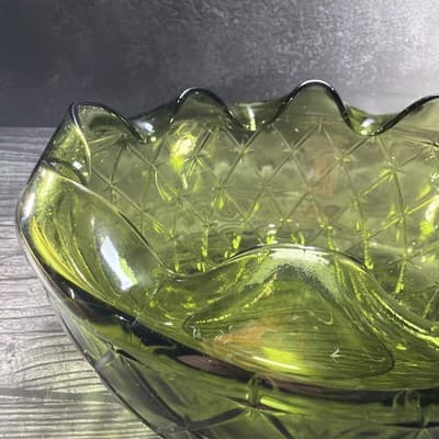 Vintage Green Glass Bowl "Quilted Duette" Produced From The 1950s To The 1970s. - Thumbnail 5