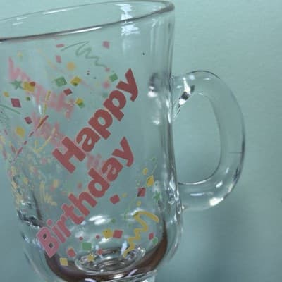 Happy Birthday Vintage 80’s Footed Glass Coffee Cup Pink Yellow Green Confetti - Thumbnail 3