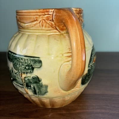 Antique Roseville Yellow ware Woodlands pitcher ca. 1900 glazed farm scene - Thumbnail 9